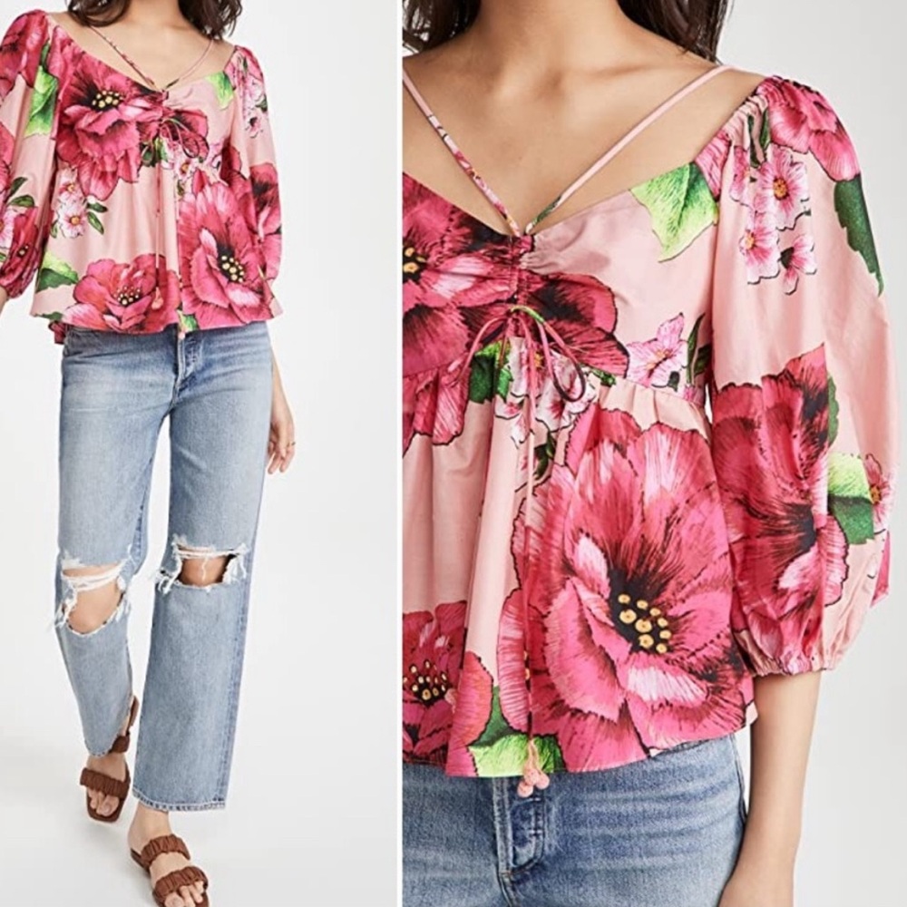 FARM Rio Pink Blouse with Tie Front and 3/4 Sleeves